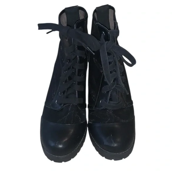 Forever 21 Black Mesh Ankle Booties Block Heel Boots Lace Up Moto Goth Sheer - Picture 2 of 8